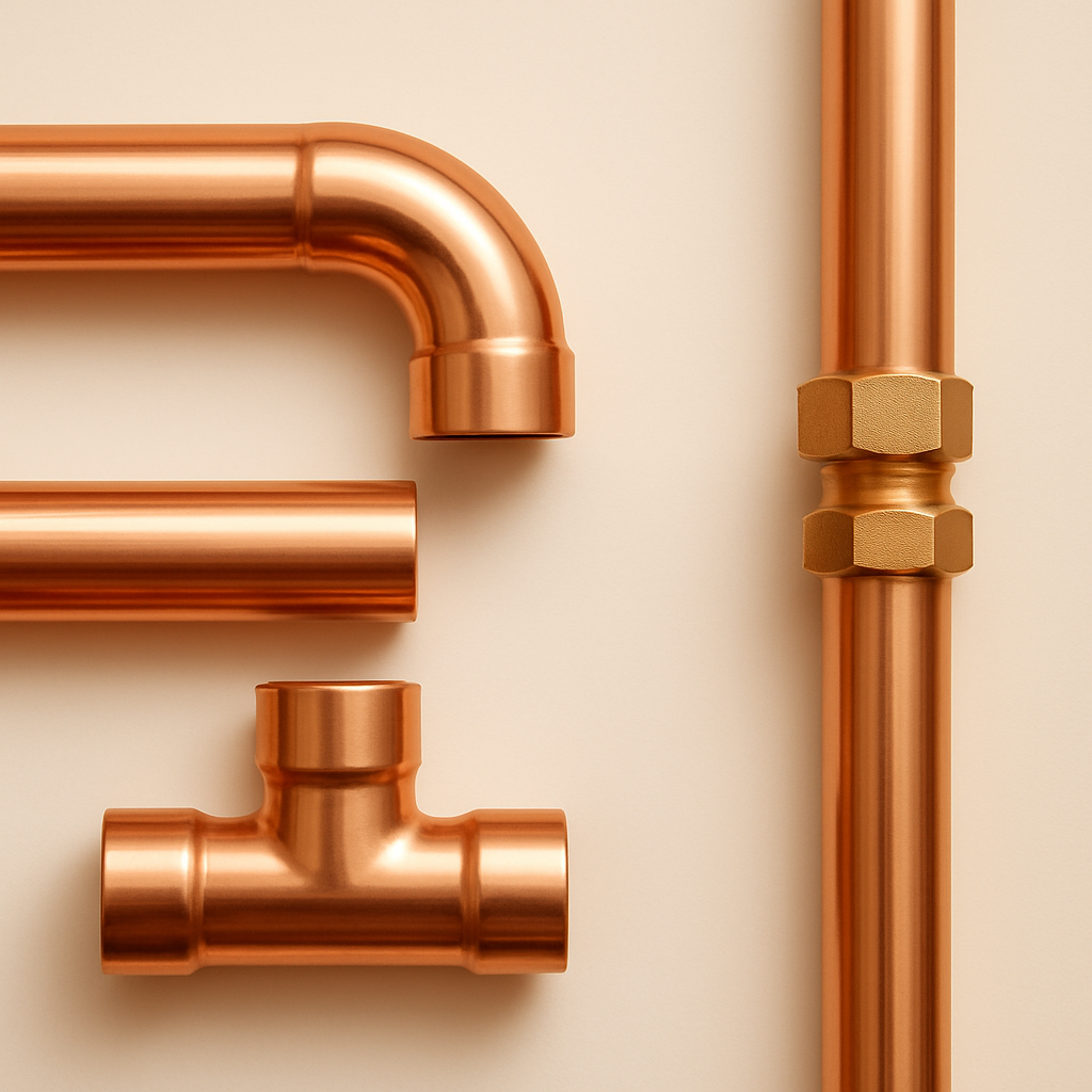 Polished copper plumbing pipes and fittings neatly arranged